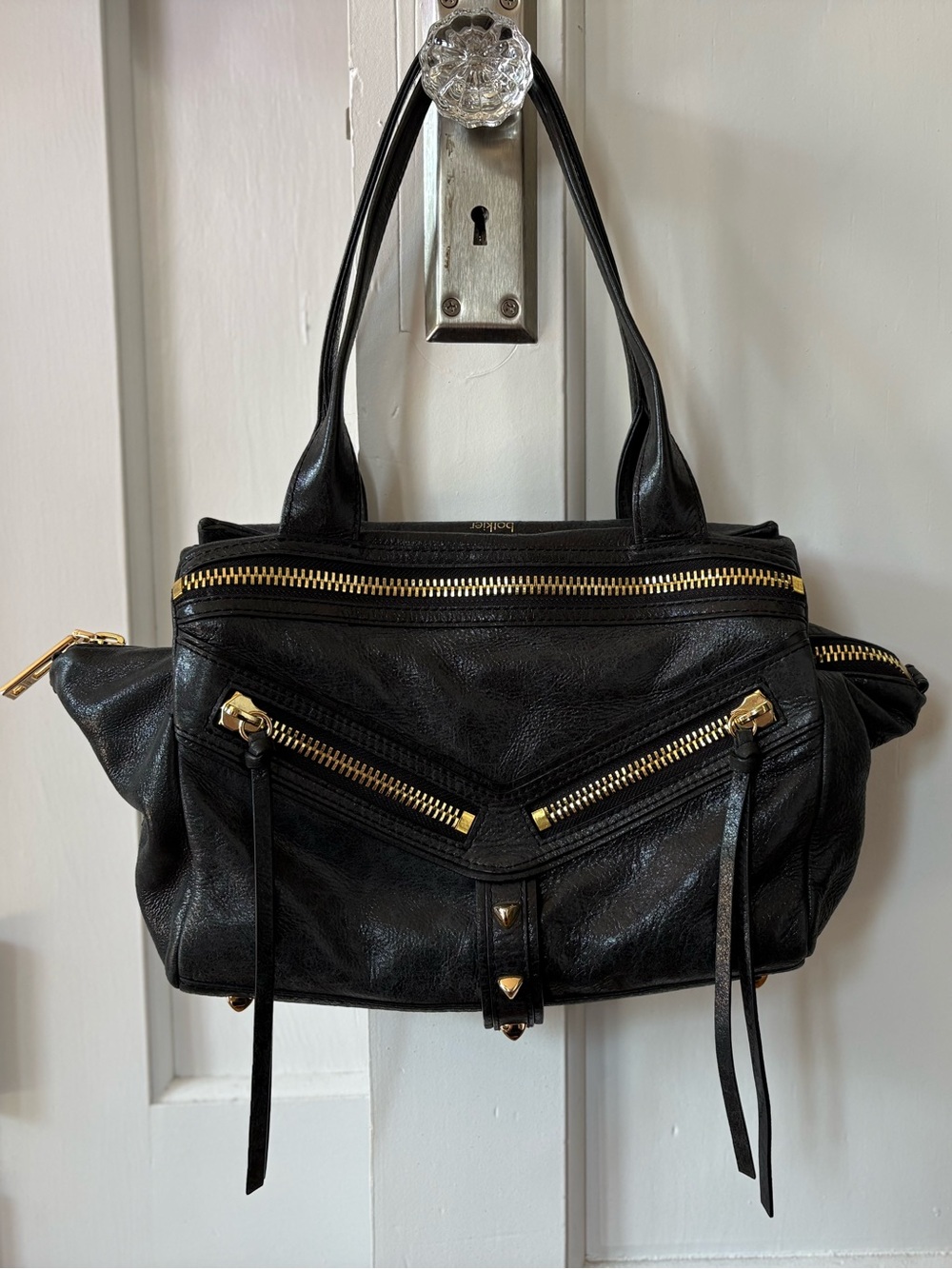 Botkier Black Leather Trigger Moto Bag Studded Zipper Gold Hardware Medium